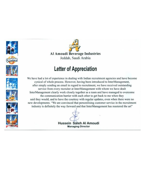 Appreciation letter from Al Amoudi Beverage Industries