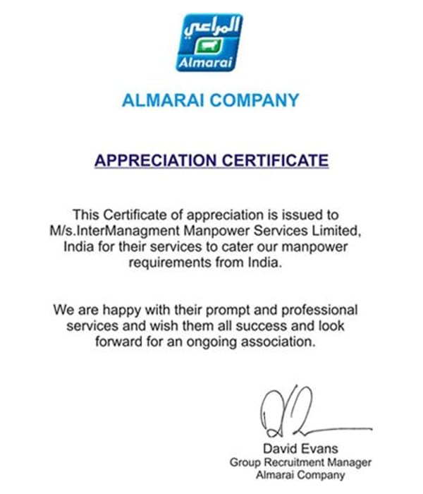 Appreciation letter from Almarai Company