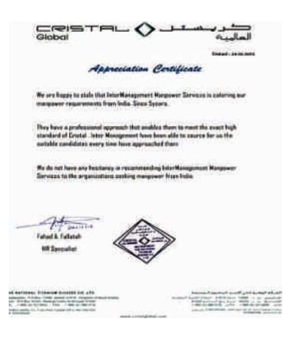 Appreciation letter from The National Titanium Oxide Co Ltd (Cristal)