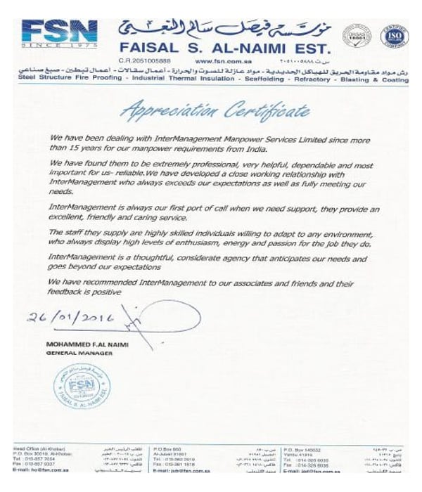 Appreciation letter from Faisal Naimi Est