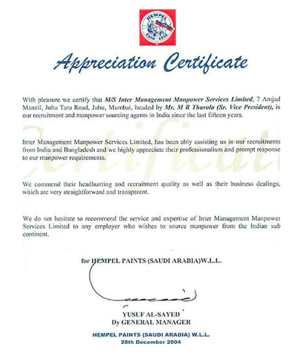 Appreciation letter from Hempel Paints Saudi Arabia