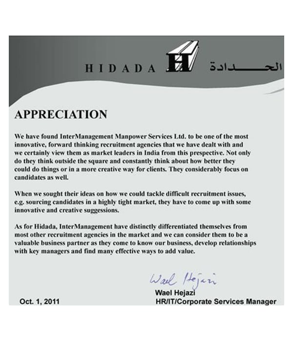 Appreciation letter from Hidada Limited