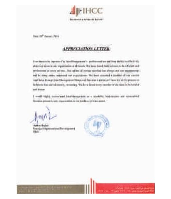 Appreciation letter from International Hospital Construction Co