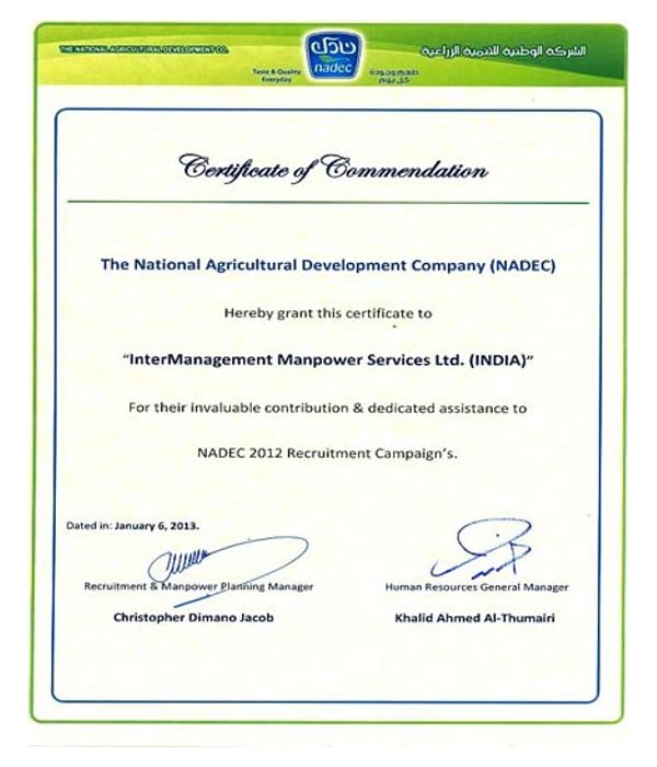 Appreciation letter from National Agricultural Development Co (NADEC)