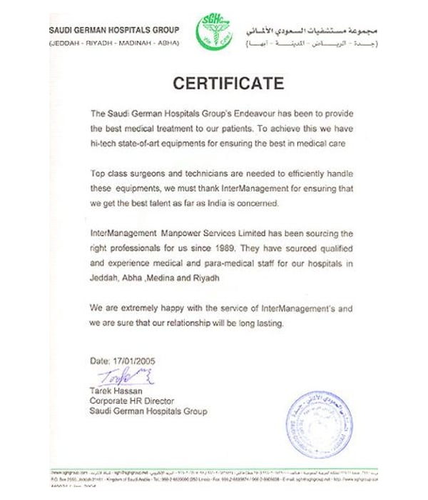 Appreciation letter from Saudi German Hospitals Group